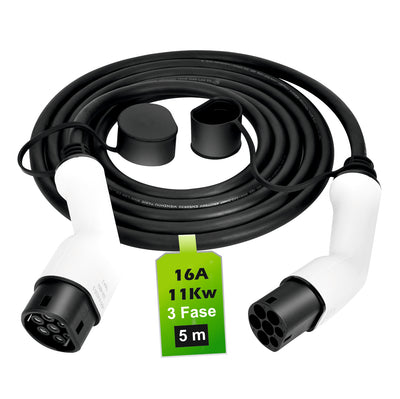 Cable EV Tipo 2 a Tipo 2 (16A Trifásico 11kW) de longitud 5 metros, Proteccion IP54 estándares IEC 61851-1 y EN 62196-2